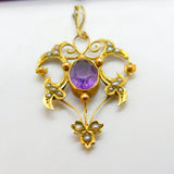 Amethyst, Seed Pearl 9ct Yellow Gold Dangling Pendant Lavalier Antique Victorian