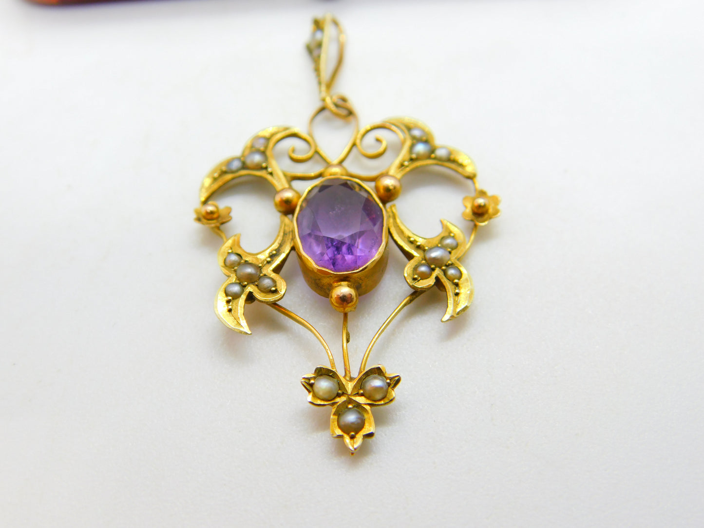 Amethyst, Seed Pearl 9ct Yellow Gold Dangling Pendant Lavalier Antique Victorian