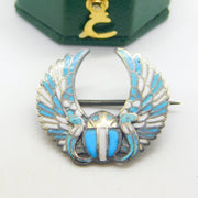 Egyptian .800 Silver & Blue-White Enamel Winged Scarab Beetle Brooch Antique c1940