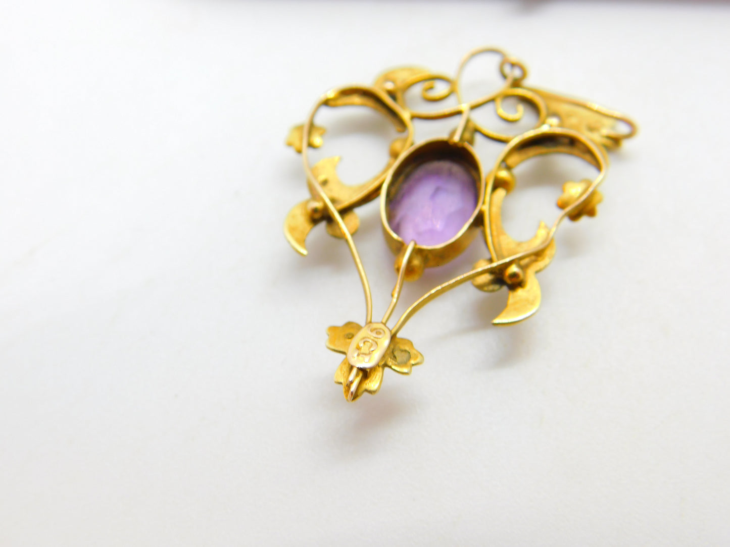 Amethyst, Seed Pearl 9ct Yellow Gold Dangling Pendant Lavalier Antique Victorian