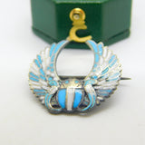 Egyptian .800 Silver & Blue-White Enamel Winged Scarab Beetle Brooch Antique c1940