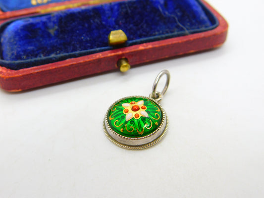 Floral Enamel on Sterling Silver Pendant Antique Victorian c1890