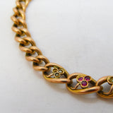 Edwardian 9ct Rose Gold, Ruby, Seed Pearl Shamrock Form Bracelet Antique c1910