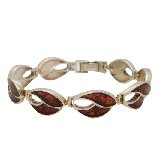 Sterling Silver Baltic Amber Set Feathered Panel Bracelet Vintage c1980