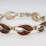 Sterling Silver Baltic Amber Set Feathered Panel Bracelet Vintage c1980