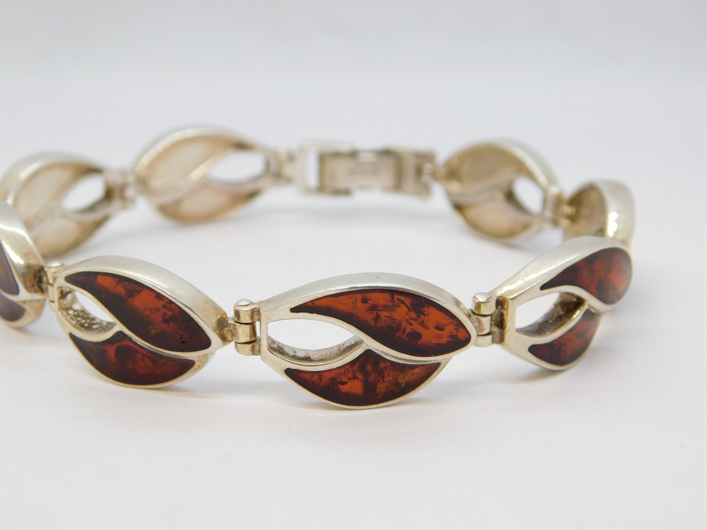 Sterling Silver Baltic Amber Set Feathered Panel Bracelet Vintage c1980