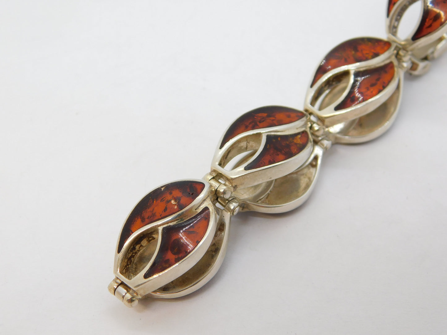 Sterling Silver Baltic Amber Set Feathered Panel Bracelet Vintage c1980