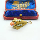 Victorian 18ct Yellow Gold, Coral, Pearl & Turquoise Obelisk Form Fob Pendant c1850