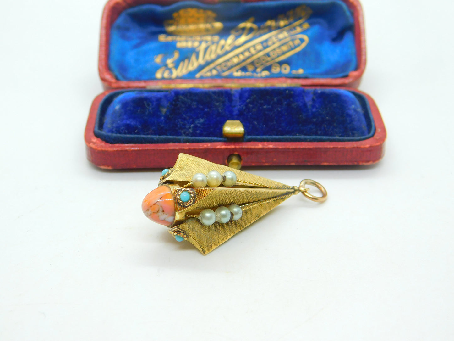 Victorian 18ct Yellow Gold, Coral, Pearl & Turquoise Obelisk Form Fob Pendant c1850