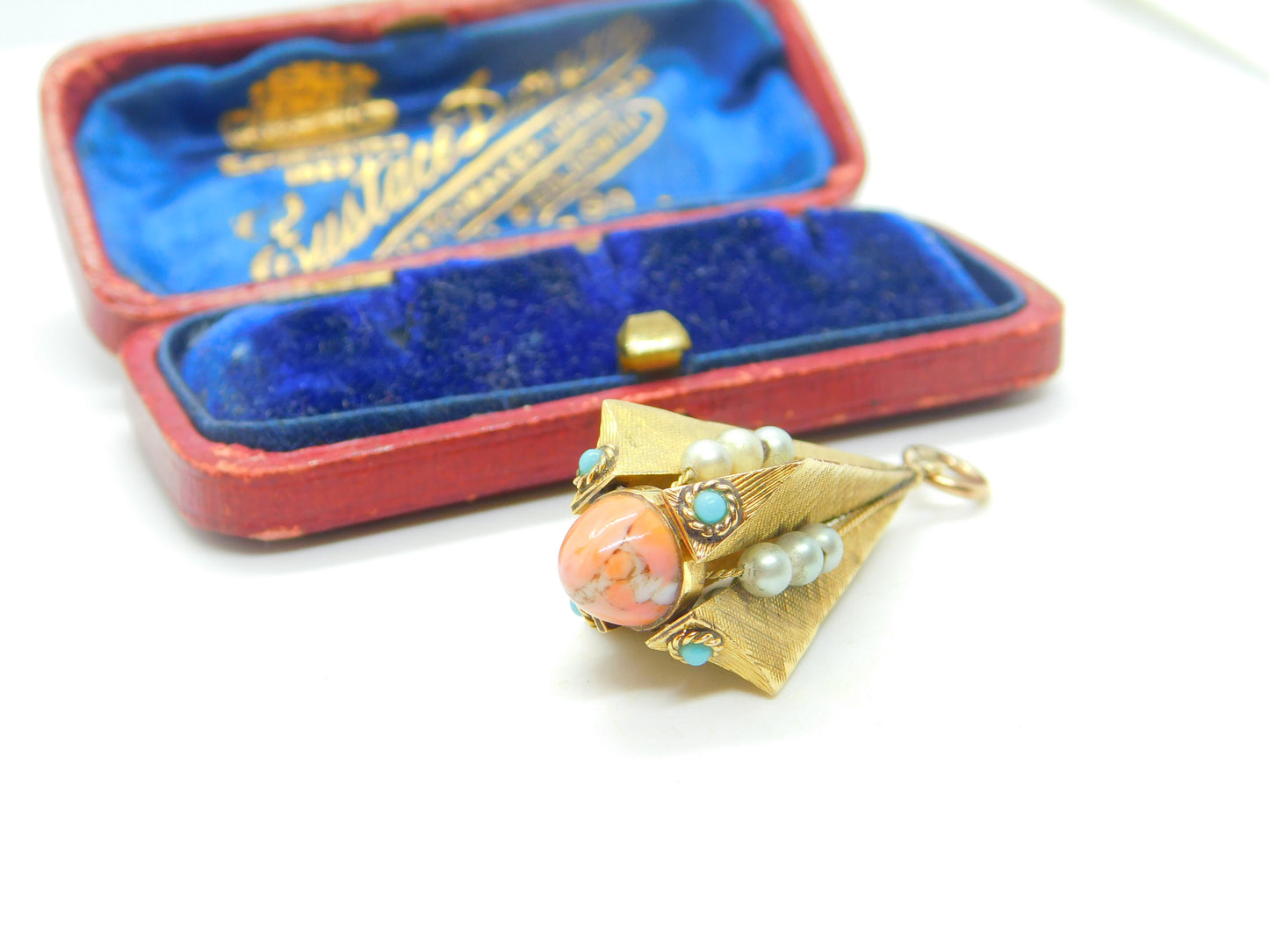 Victorian 18ct Yellow Gold, Coral, Pearl & Turquoise Obelisk Form Fob Pendant c1850