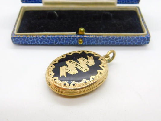 Victorian 9ct Gold Back & Front Black Enamel 'In Memory Of' Mourning Locket