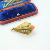 Victorian 18ct Yellow Gold, Coral, Pearl & Turquoise Obelisk Form Fob Pendant c1850