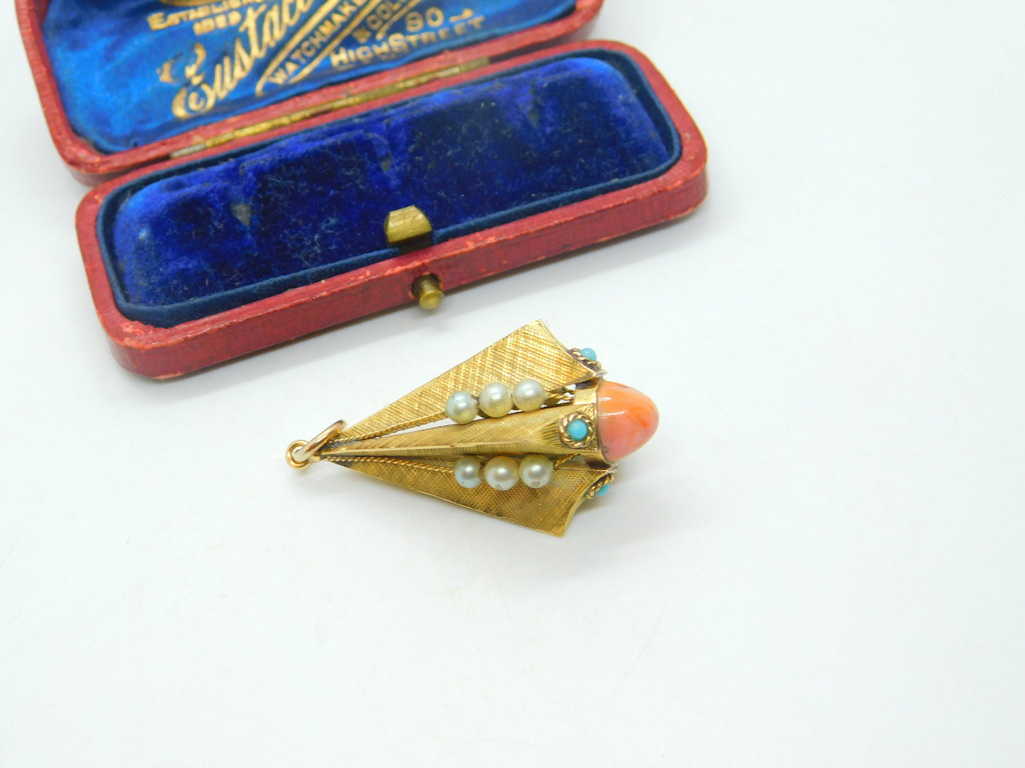 Victorian 18ct Yellow Gold, Coral, Pearl & Turquoise Obelisk Form Fob Pendant c1850