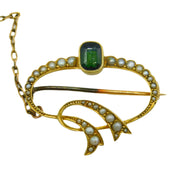 Edwardian 15ct Gold, Emerald Cut Tourmaline, Seed Pearl Spray Brooch Antique c1910