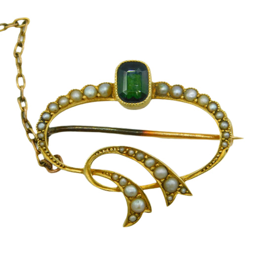 Edwardian 15ct Gold, Emerald Cut Tourmaline, Seed Pearl Spray Brooch Antique c1910