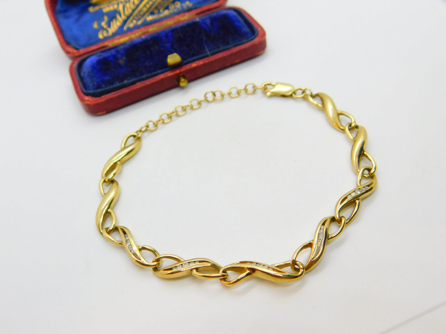 Diamond Set 9ct Yellow Gold Lover's Knot Chain Bracelet Vintage c1980