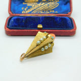 Victorian 18ct Yellow Gold, Coral, Pearl & Turquoise Obelisk Form Fob Pendant c1850