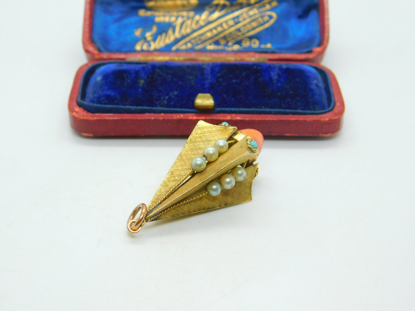 Victorian 18ct Yellow Gold, Coral, Pearl & Turquoise Obelisk Form Fob Pendant c1850