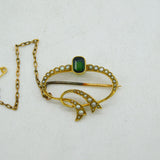Edwardian 15ct Gold, Emerald Cut Tourmaline, Seed Pearl Spray Brooch Antique c1910