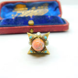 Victorian 18ct Yellow Gold, Coral, Pearl & Turquoise Obelisk Form Fob Pendant c1850