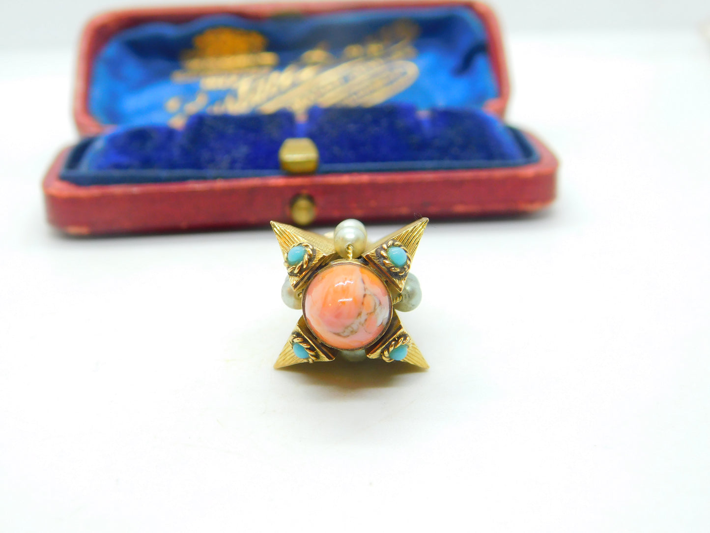 Victorian 18ct Yellow Gold, Coral, Pearl & Turquoise Obelisk Form Fob Pendant c1850