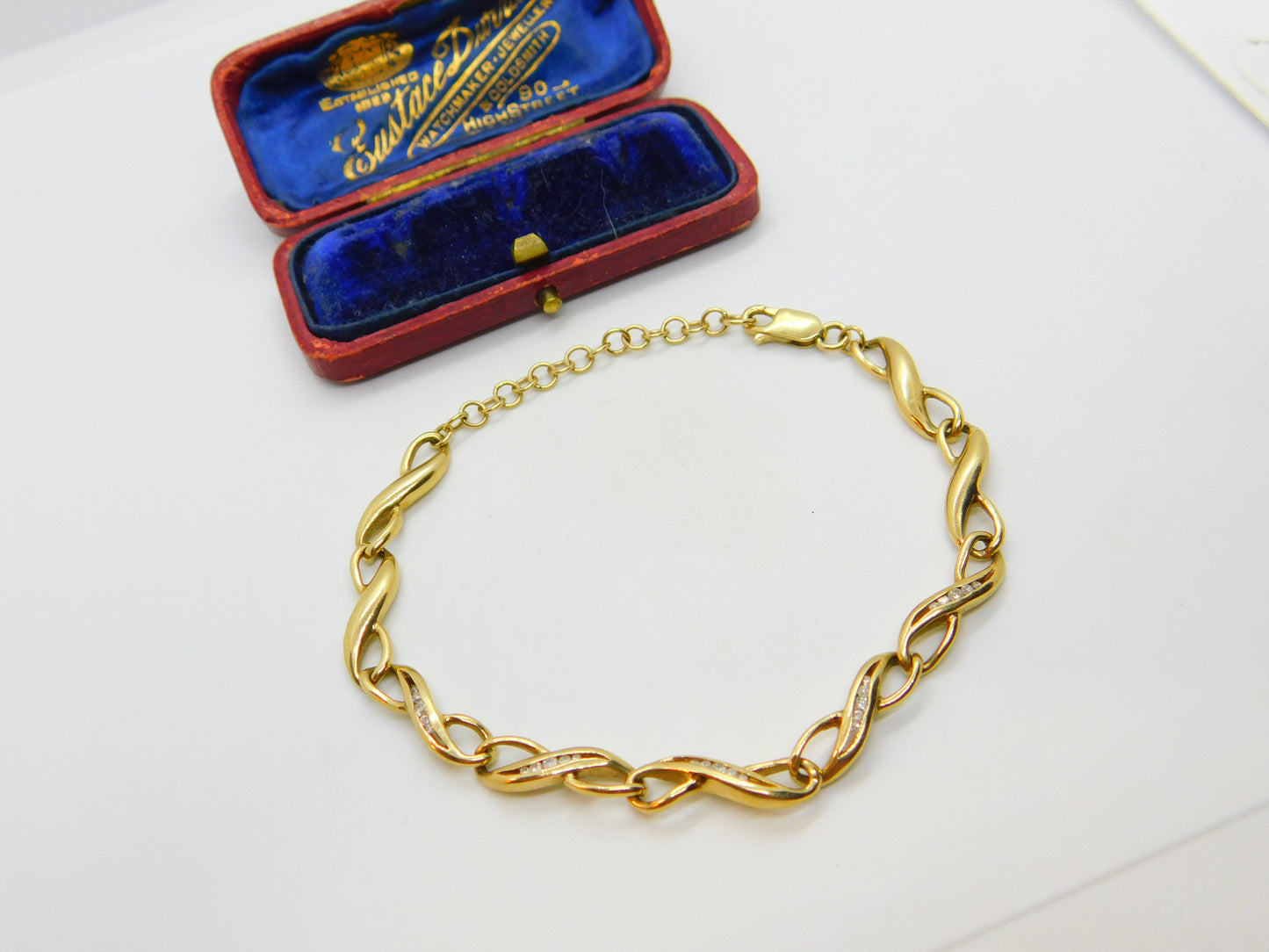 Diamond Set 9ct Yellow Gold Lover's Knot Chain Bracelet Vintage c1980