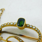 Edwardian 15ct Gold, Emerald Cut Tourmaline, Seed Pearl Spray Brooch Antique c1910