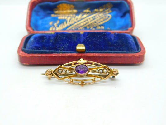 Edwardian 9ct Yellow Gold, Amethyst & Seed Pearl Sweetheart Brooch Antique c1910