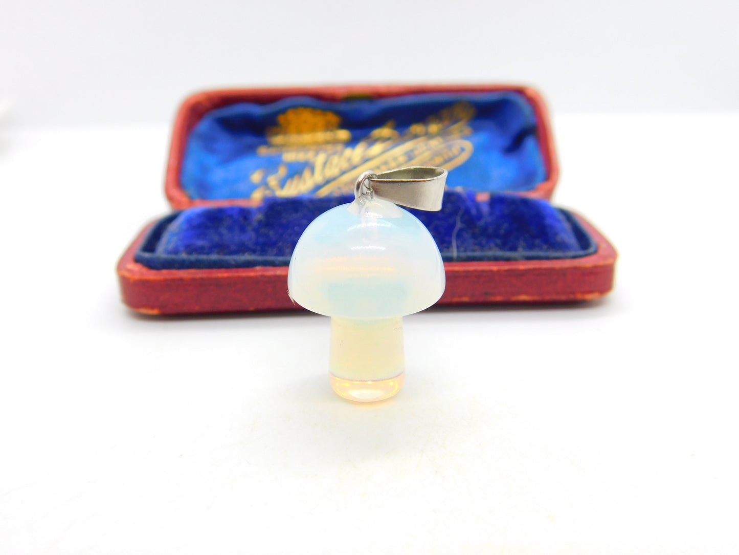 Sterling Silver & Carved Natural Opal Stone Mushroom Pendant Vintage c1980