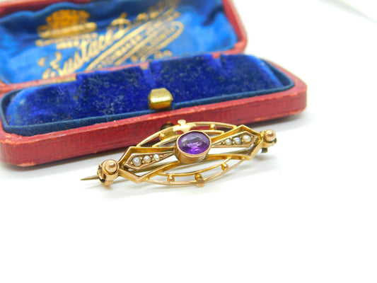 Edwardian 9ct Yellow Gold, Amethyst & Seed Pearl Sweetheart Brooch Antique c1910