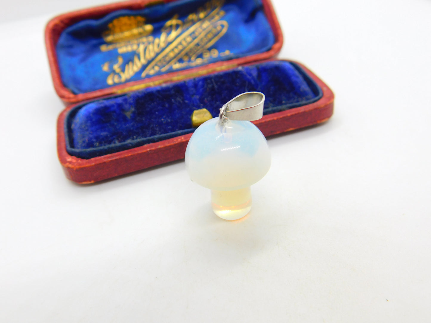 Sterling Silver & Carved Natural Opal Stone Mushroom Pendant Vintage c1980