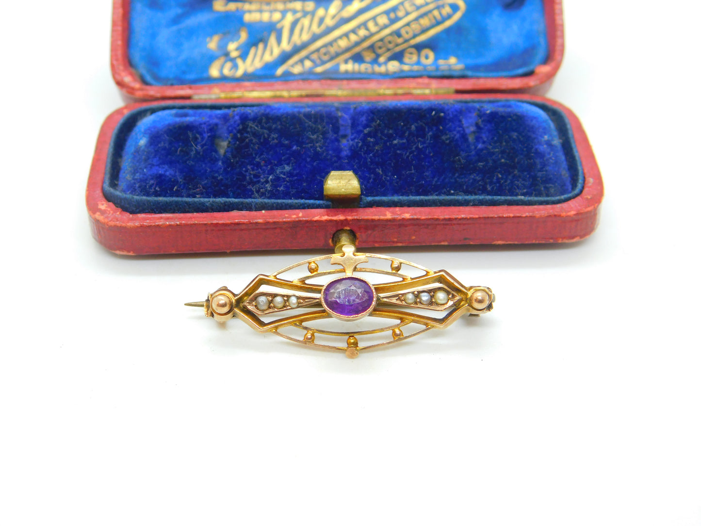 Edwardian 9ct Yellow Gold, Amethyst & Seed Pearl Sweetheart Brooch Antique c1910