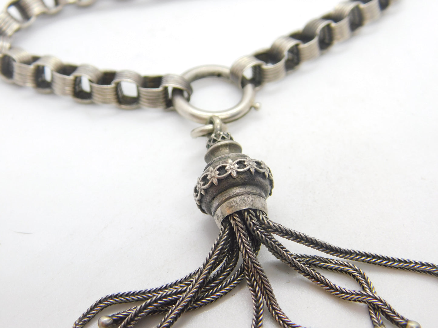 Victorian Sterling Silver Albertina Tassel Fob Bracelet Antique c1860 7" Length