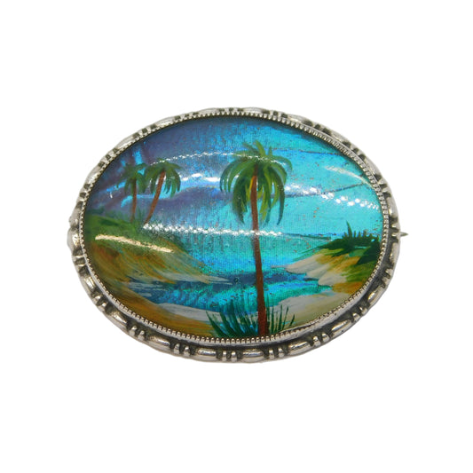 TLM Sterling Silver Morpho Butterfly Wing Island Scene Brooch Antique c1920 Deco