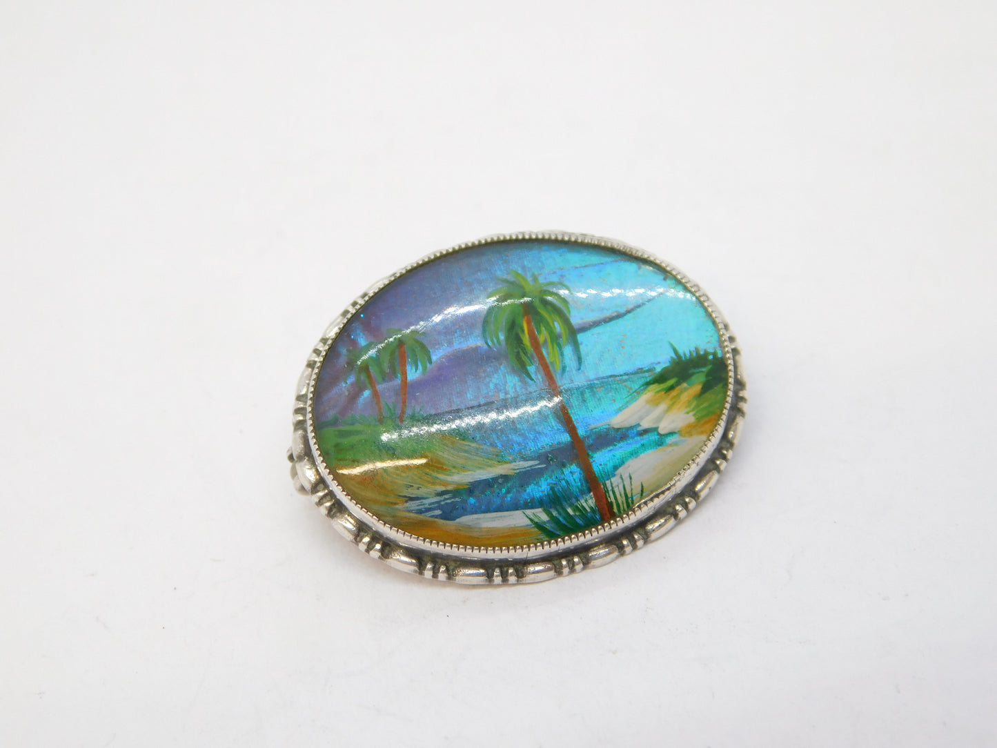TLM Sterling Silver Morpho Butterfly Wing Island Scene Brooch Antique c1920 Deco