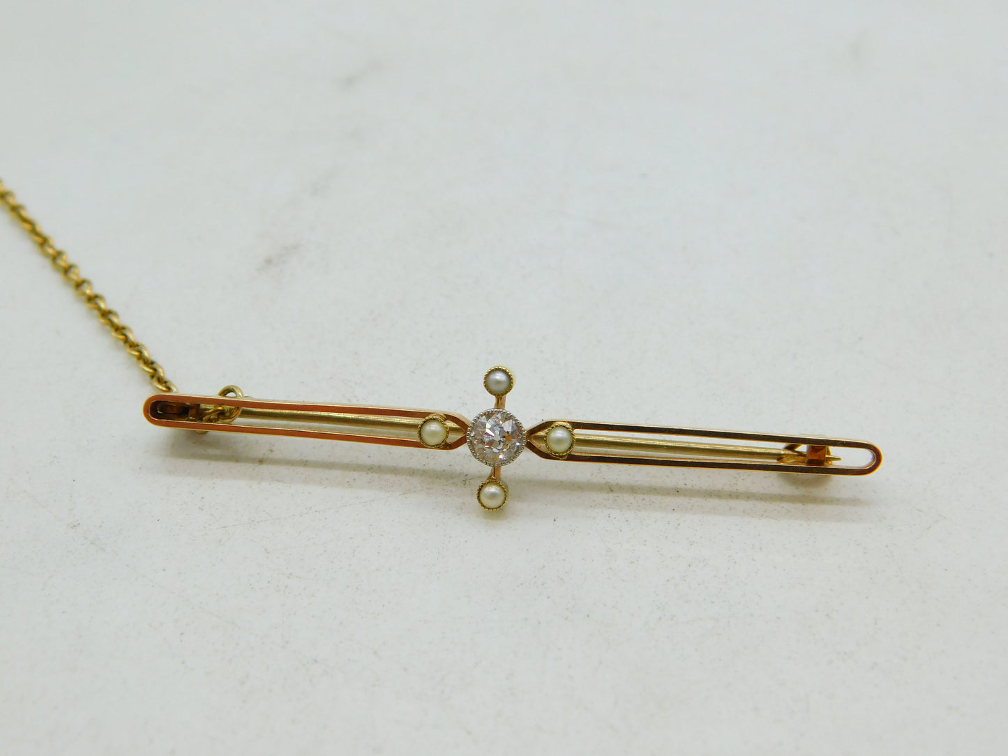 Edwardian 18ct Gold, 0.2ct Diamond & Seed Pearl Floral Brooch Antique c1910