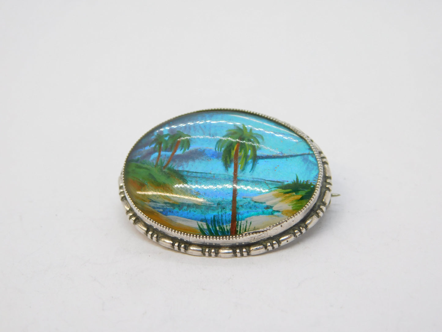 TLM Sterling Silver Morpho Butterfly Wing Island Scene Brooch Antique c1920 Deco