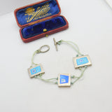 Mexican Sterling Silver & Blue Enamel Abstract Panel Bracelet Vintage c1970