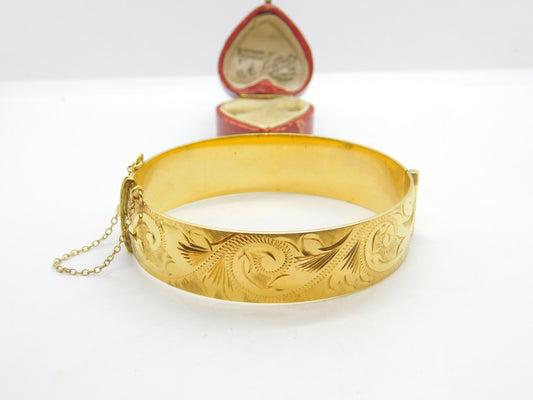 Victorian Style 9ct Yellow Gold on Metal Core Floral Bangle Bracelet Antique