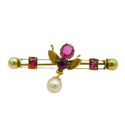 Edwardian 9ct Gold, Almandine Garnet & Pearl Insect Brooch Antique c1910