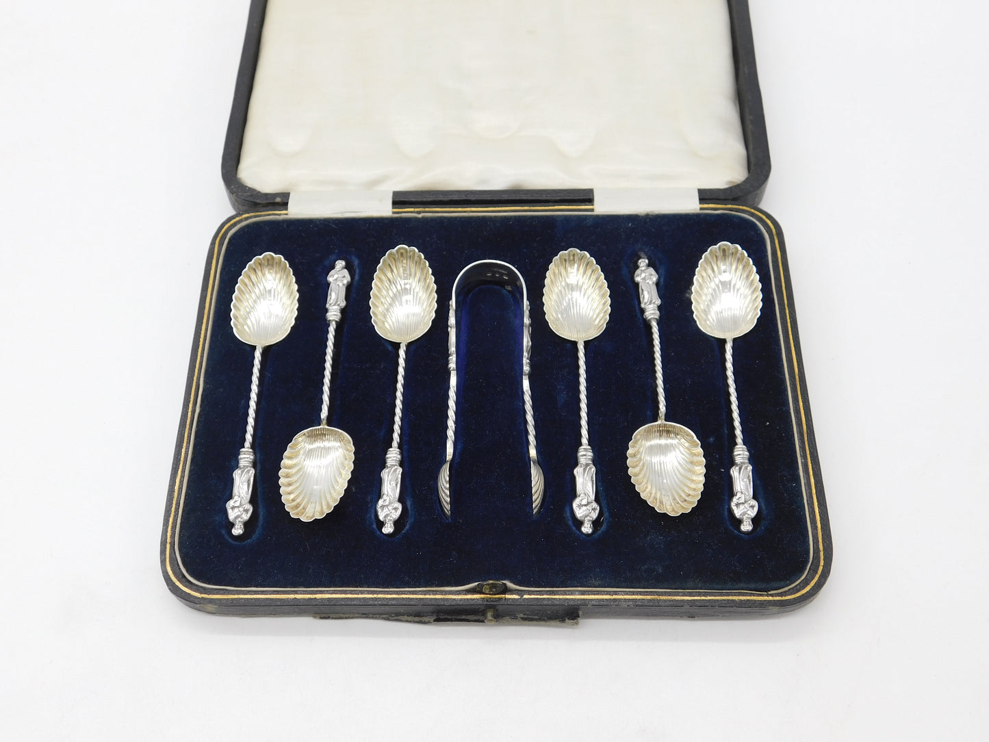 Set of Victorian Sterling Silver Shell Bowl Apostle Teaspoons & Tongs 1876