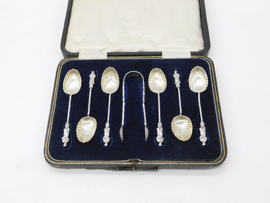 Set of Victorian Sterling Silver Shell Bowl Apostle Teaspoons & Tongs 1876