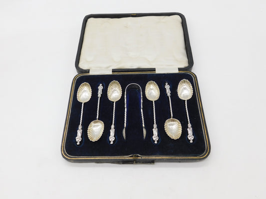 Set of Victorian Sterling Silver Shell Bowl Apostle Teaspoons & Tongs 1876