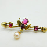 Edwardian 9ct Gold, Almandine Garnet & Pearl Insect Brooch Antique c1910