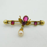 Edwardian 9ct Gold, Almandine Garnet & Pearl Insect Brooch Antique c1910