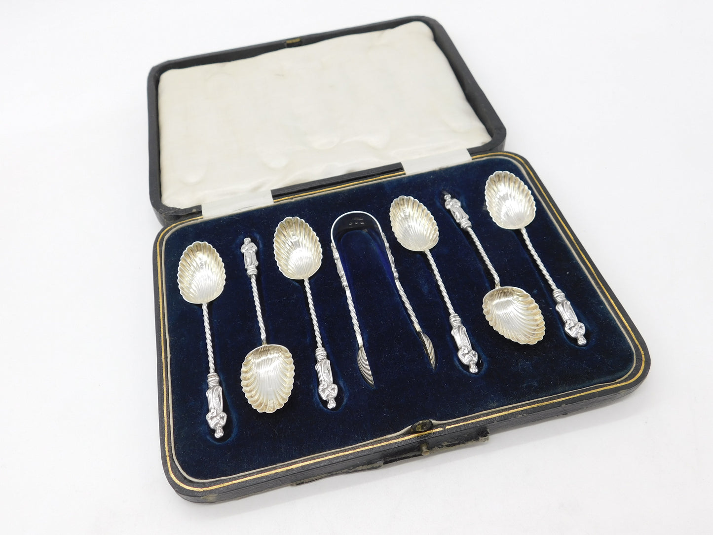 Set of Victorian Sterling Silver Shell Bowl Apostle Teaspoons & Tongs 1876