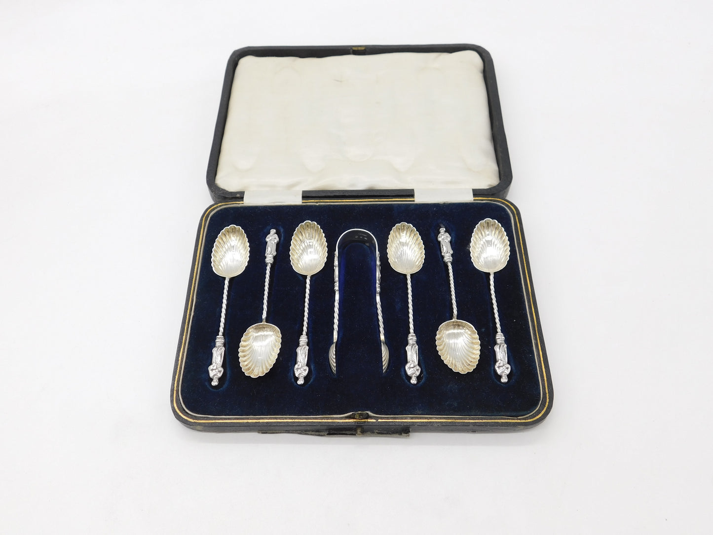 Set of Victorian Sterling Silver Shell Bowl Apostle Teaspoons & Tongs 1876