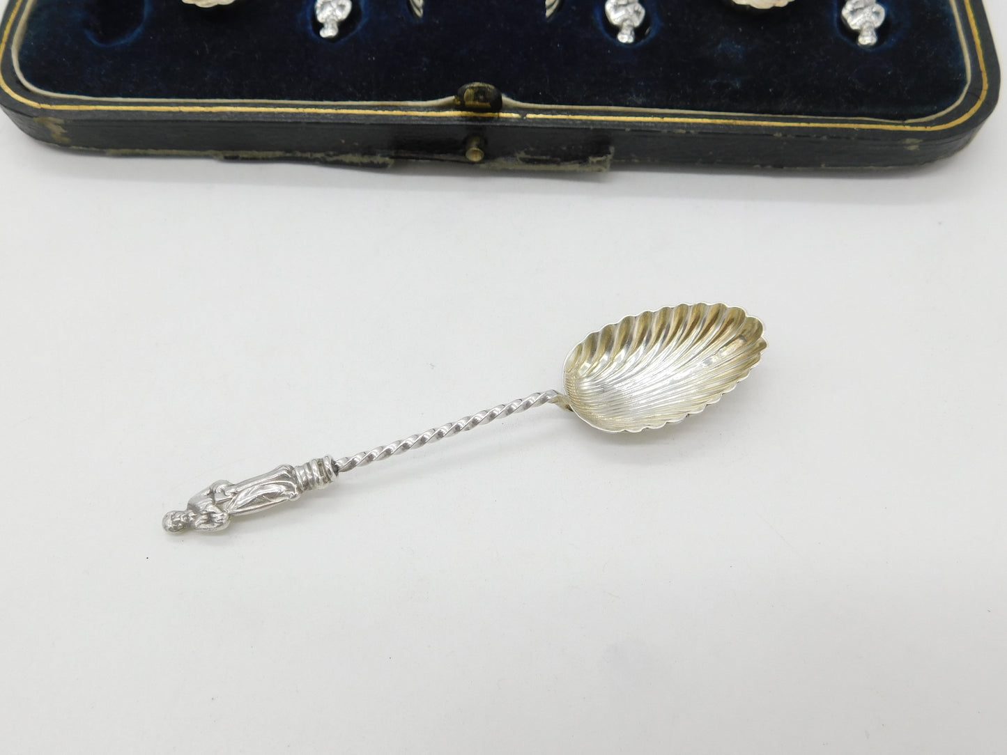 Set of Victorian Sterling Silver Shell Bowl Apostle Teaspoons & Tongs 1876