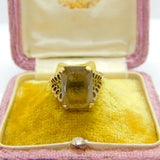9ct Yellow Gold & Modernist Bubble Shoulder Emerald Cut Citrine Ring 1977