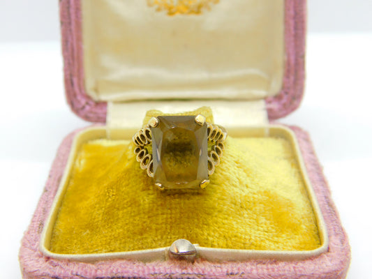 9ct Yellow Gold & Modernist Bubble Shoulder Emerald Cut Citrine Ring 1977